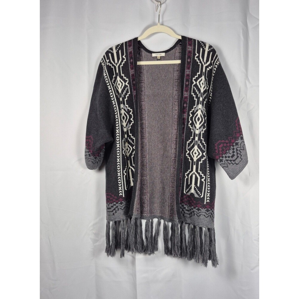 TYLER BOE Southwest Aztec Fringe Short Sleeve Open Cardigan Cotton Size S Gray